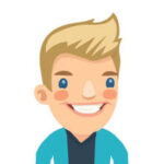 Cartoon illustration of a smiling blond boy with blue eyes, wearing a blue jacket and dark shirt.