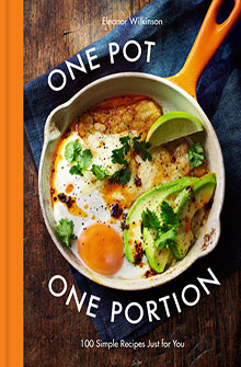 A skillet with eggs, avocado, lime, and herbs; book title "One Pot One Portion" by Eleanor Wilkinson.