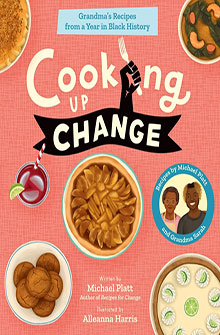 A cookbook cover titled "Cooking Up Change" featuring diverse dishes and illustrated portraits on a pink background.