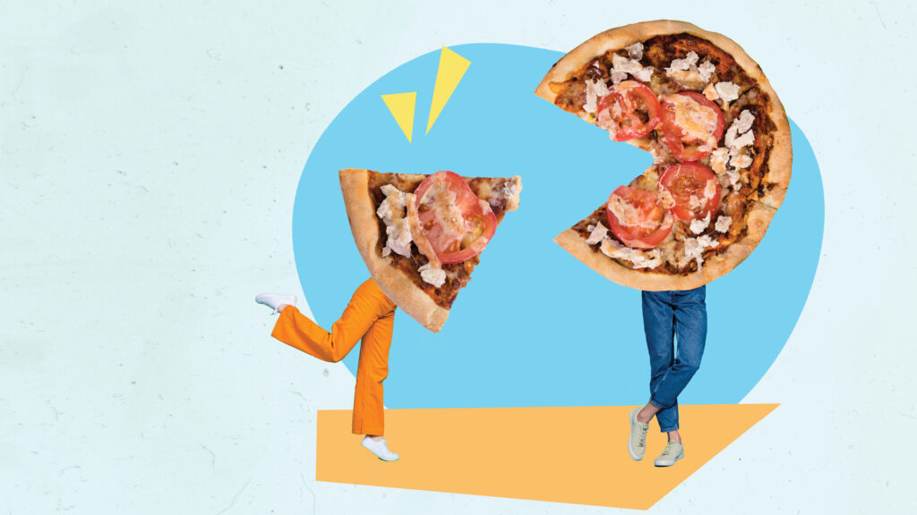 Two people with pizza slices as heads stand playfully against a blue and yellow geometric background.