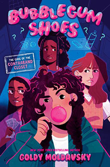 A girl blows bubblegum as three other girls look on; the title reads "Bubblegum Shoes" by Goldy Moldavsky.