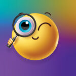 Winking emoji holding a magnifying glass over one eye on a colorful gradient background.