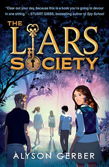 A group of teens walk through a misty forest; "The Liars Society" title and author Alyson Gerber appear above.
