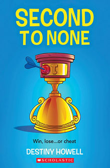 A golden trophy with a dart in it on a blue background; text reads "Second to None" by Destiny Howell.