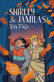 Two girls stand in a doorway as orange leaves swirl around them; title reads "Shirley & Jamila's Big Fall.