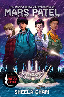 Four diverse kids stand together in front of a futuristic building, beneath a dark, rainy sky. Book title above.