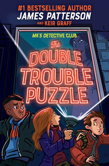 Three kids stand in front of a neon sign reading "The Double Trouble Puzzle" with a shadowy figure above them.
