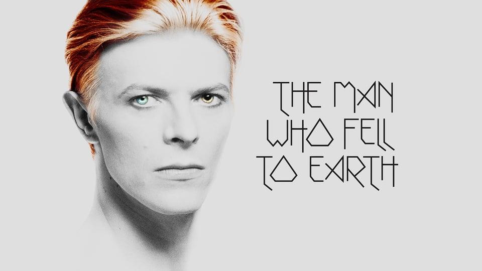 A person with a serious expression next to the text "The Man Who Fell to Earth" on a light background.