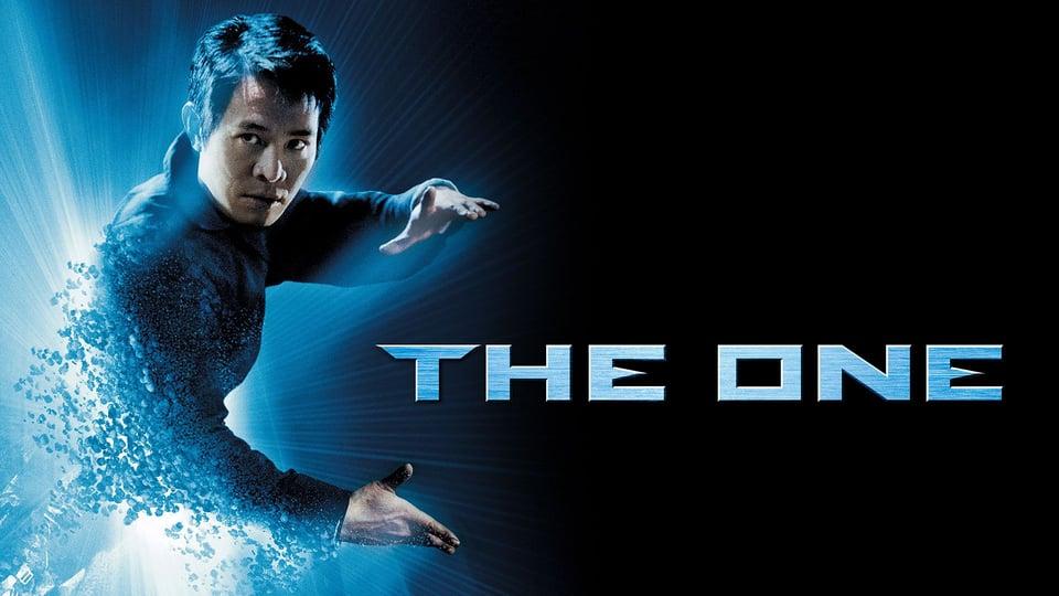 A person in a dynamic pose emits blue particles with "The One" text nearby against a dark background.