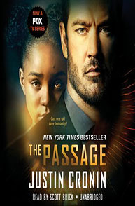 Cover of "The Passage" audiobook by Justin Cronin, featuring a serious man and a girl in the background.