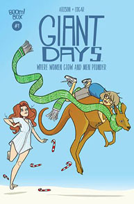 Comic cover of "Giant Days" showing a woman in a white dress running from a kangaroo with two people on its back.