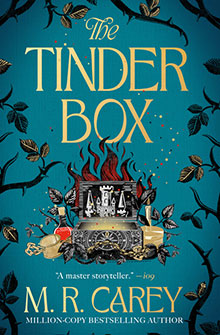 Book cover for The Tinder Box by M. R. Carey, featuring a fiery chest, potions, and a teal background with thorns.