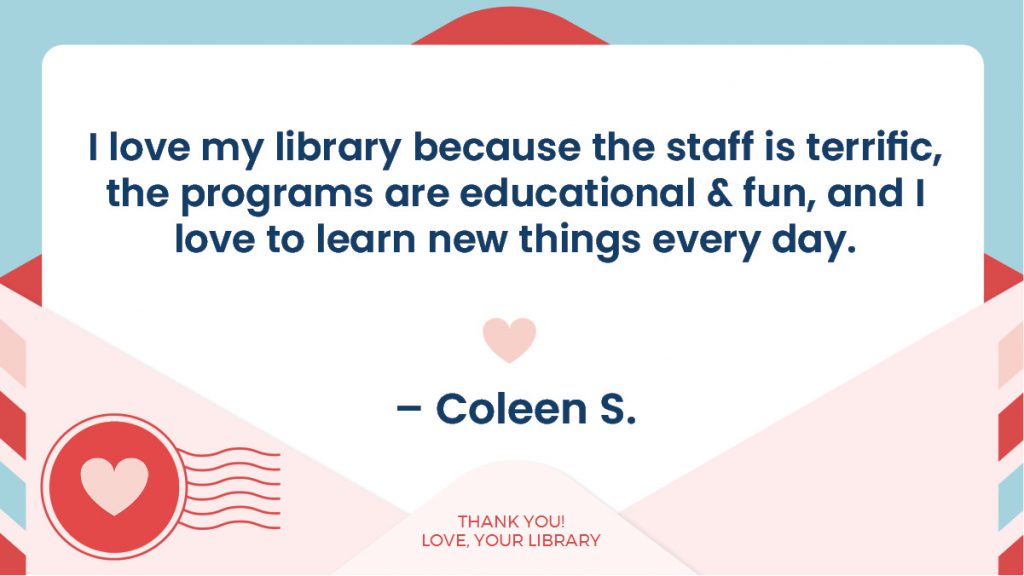 An appreciation message for a library, mentioning excellent staff, educational programs, and a love for learning.