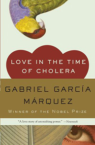 Book cover of "Love in the Time of Cholera" by Gabriel García Márquez, featuring a parrot illustration.