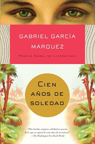 Cover of "Cien Años de Soledad" by Gabriel García Márquez, featuring eyes above a tropical scene.
