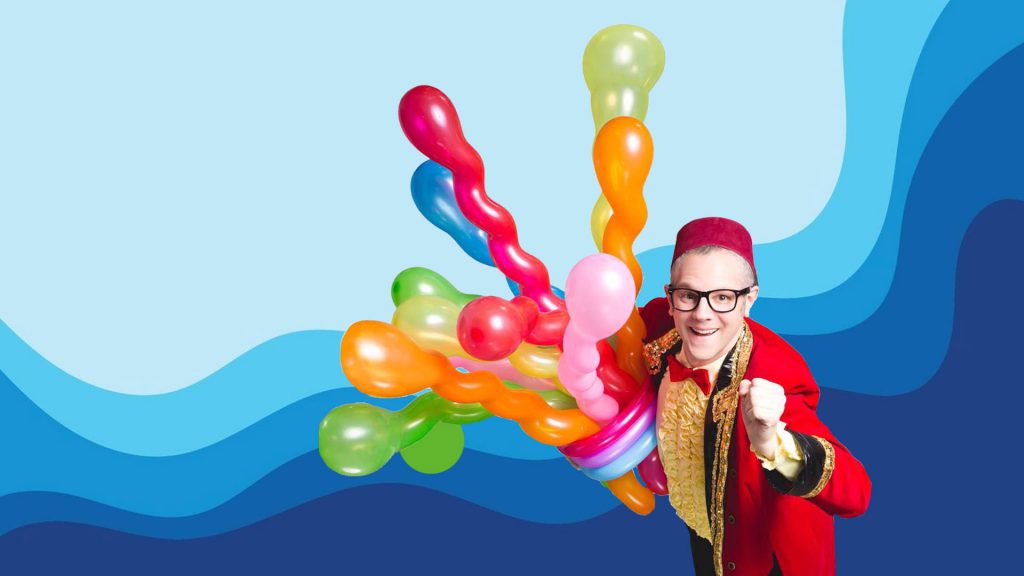 Person in a colorful outfit holding numerous twisted balloons, set against a wavy blue background.