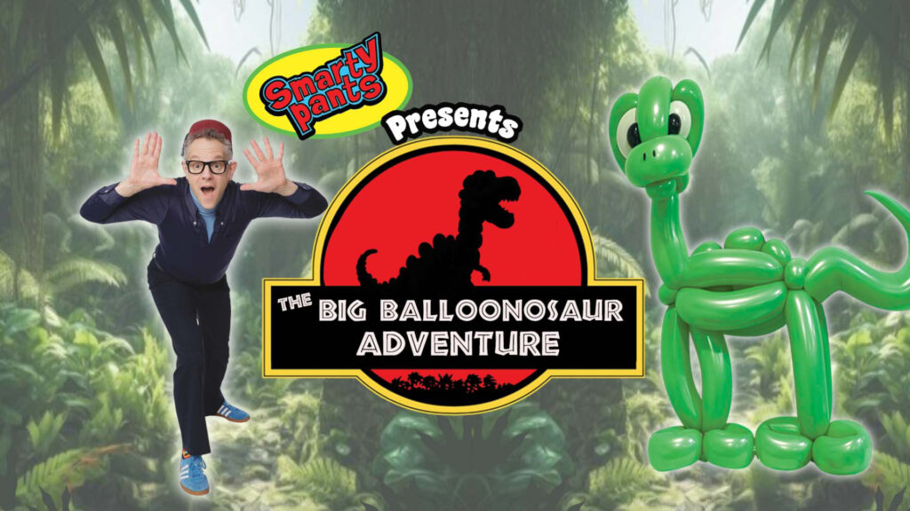 Person posing, green balloon dinosaur, jungle background, and "Big Balloonosaur Adventure" logo in center.