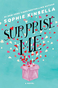 Book cover of "Surprise Me" by Sophie Kinsella, with hearts bursting from a pink gift box on a blue background.
