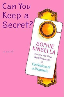Pink book cover of "Can You Keep a Secret?" by Sophie Kinsella with a door hanger illustration.