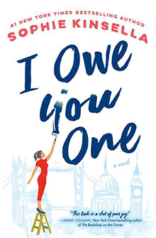 A woman paints “I Owe You One” on a white background with blue city outlines; book by Sophie Kinsella.