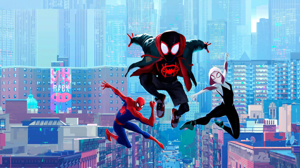 Three Spider-Man characters leap between city buildings against a bright, stylized urban skyline.