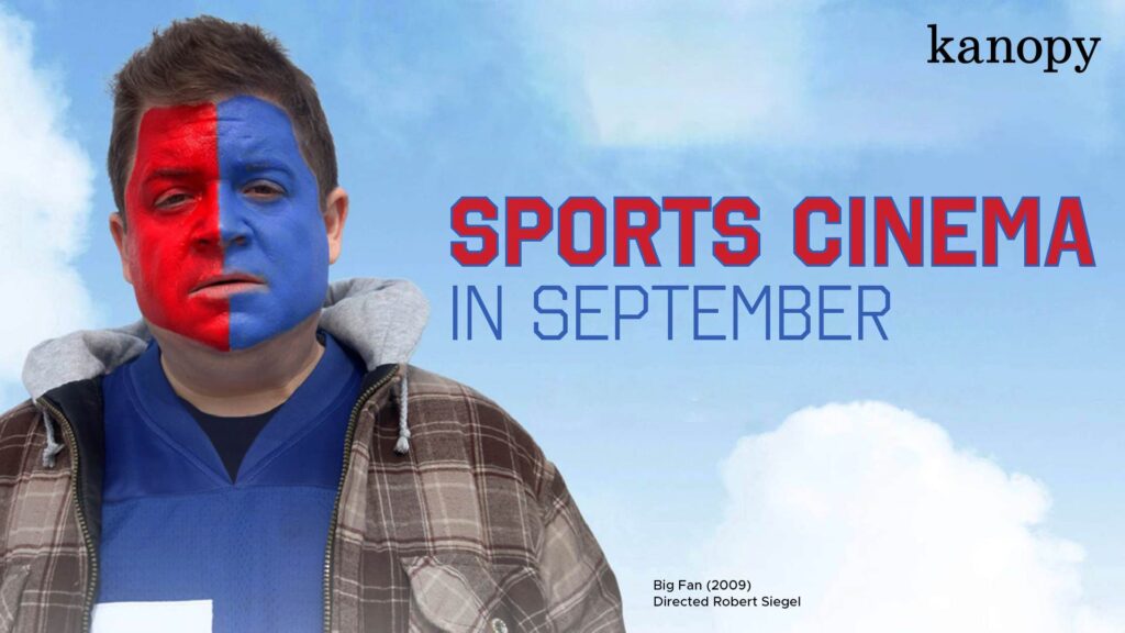 A man with half his face painted red and blue stands under text: "Sports Cinema in September" against a cloudy sky.