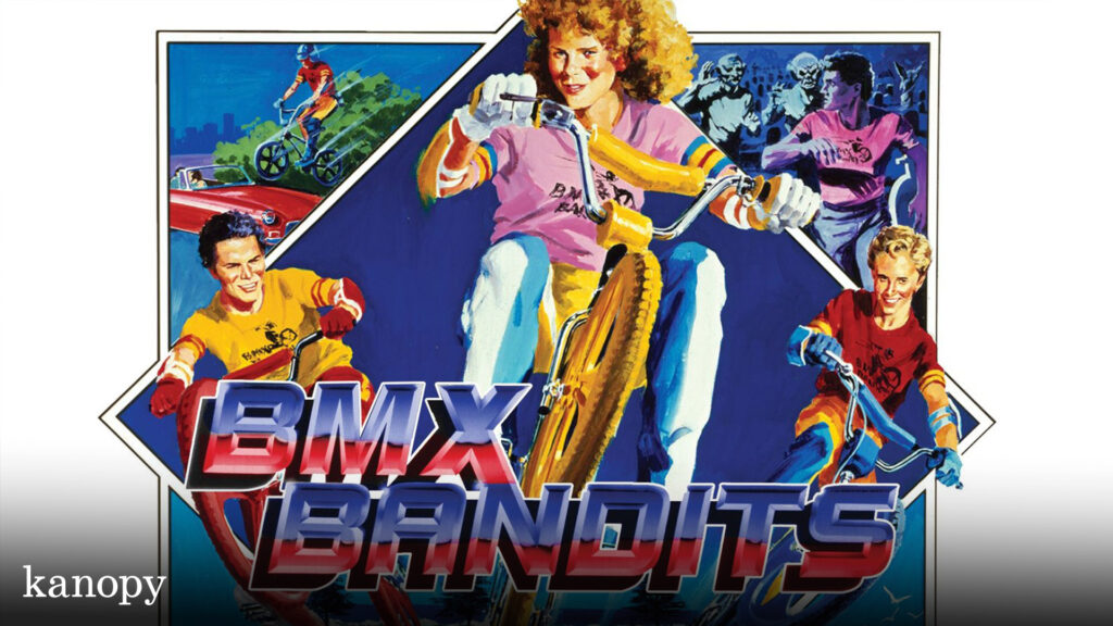 Illustrated poster of three kids on BMX bikes with "BMX Bandits" text; action scenes in the background.
