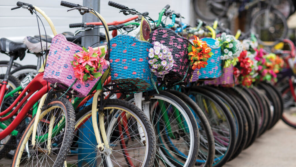 Colorful bicycles with woven baskets decorated with flowers lined up in a row.
