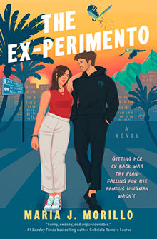Illustrated book cover shows a couple standing together with palm trees and city buildings in the background.