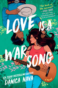 Illustrated cover of "Love Is a War Song" showing a couple lying on grass, the woman holds a guitar.