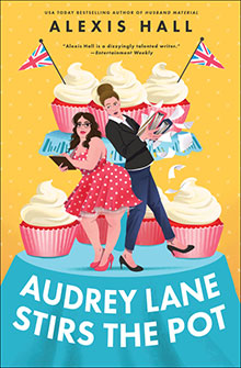 Two women stand back-to-back with cupcakes and British flags; book cover reads "Audrey Lane Stirs the Pot.