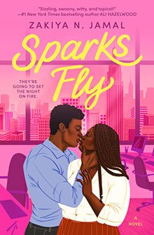 A couple embraces and kisses in an office with a pink city skyline; "Sparks Fly" book cover by Zakiya N. Jamal.