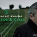 A man stands in a green field with text promoting Irish cinema for St. Patrick’s Day on Kanopy.
