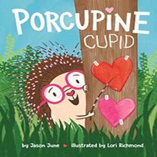 Cartoon porcupine peeking from behind tree, holding red heart with arrow. "Porcupine Cupid" text above.