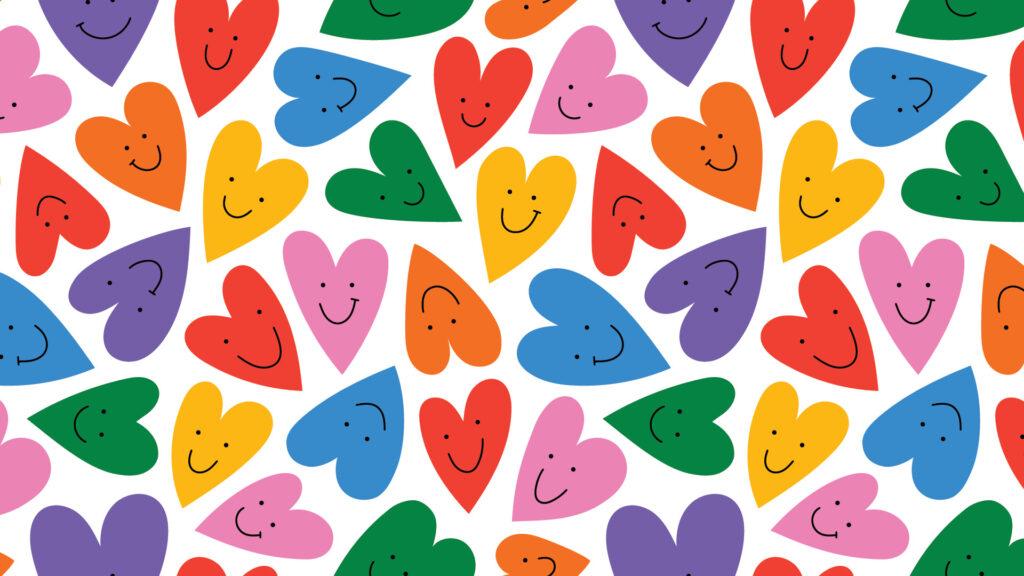 Colorful heart shapes with smiley faces in red, blue, pink, orange, green, and purple on a white background.