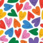 Colorful heart shapes with smiley faces in red, blue, pink, orange, green, and purple on a white background.