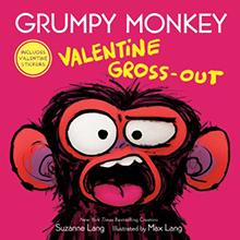 Illustrated grumpy monkey on a pink background with the text "Grumpy Monkey: Valentine Gross-Out.