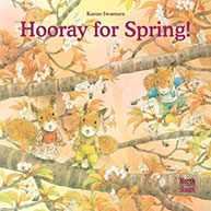 Illustrated book cover titled "Hooray for Spring!" depicting three squirrels in springtime trees with blossoms.