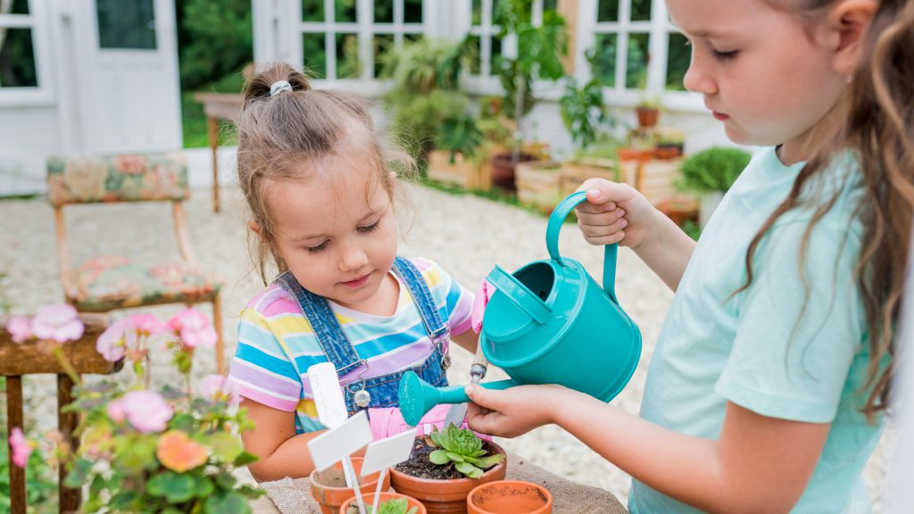 Two young girls watering small plants with a blue watering can in a garden setting.