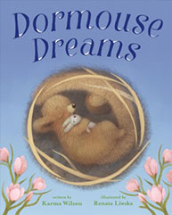 Cover of "Dormouse Dreams" showing a curled-up dormouse sleeping in a nest, decorated with flowers.