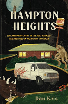 Book cover for "Hampton Heights" featuring monsters surrounding a white van at night in a suburban neighborhood.