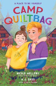 Two children smiling in front of camp cabins, with arms around each other. Text: "Camp QUILTBAG" by Nicole Melleby & A.J. Sass.