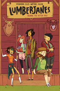 Comic cover showing five young characters standing outside a wooden cabin with a sign that reads "Lumberjanes.