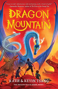 Cover of the book "Dragon Mountain" by Katie and Kevin Tsang featuring children encountering a blue dragon.