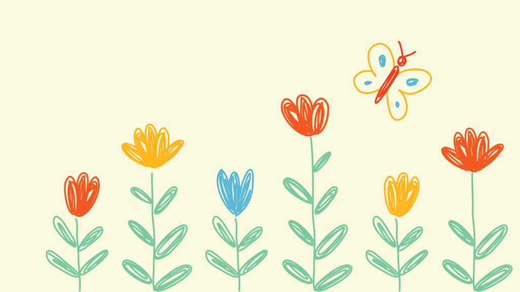 Colorful hand-drawn flowers with green stems and a butterfly flying above on a light yellow background.