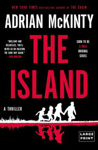 Book cover of "The Island" by Adrian McKinty, featuring silhouetted figures running across the bottom against a black background.