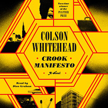 Yellow book cover for "Crook Manifesto" by Colson Whitehead with geometric shapes and cityscape images.