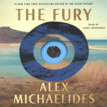 Cover of "The Fury" by Alex Michaelides, showcasing a minimalist eye design over a serene beach background.