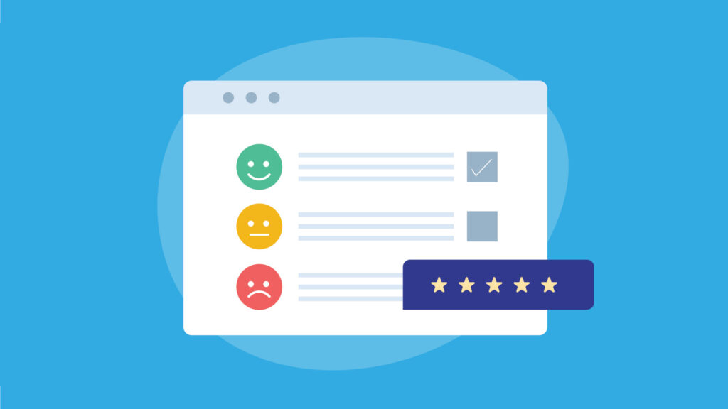 Illustration of a feedback form with options: happy, neutral, sad faces and a five-star rating system on a blue background.