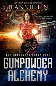 Book cover of "Gunpowder Alchemy" by Jeannie Lin, featuring a woman in traditional attire with a mechanical background.